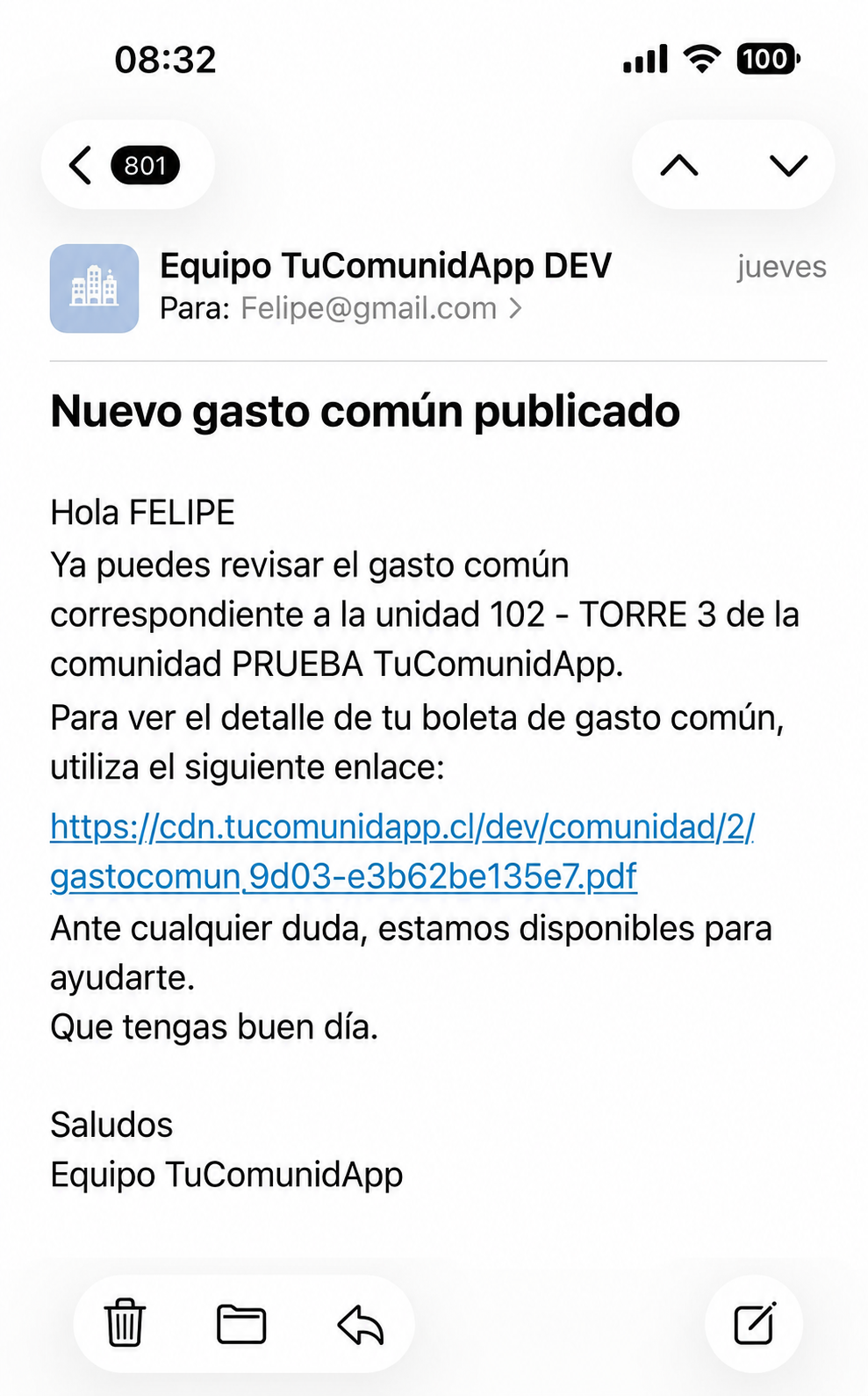 Correo de gasto común enviado por Civitas